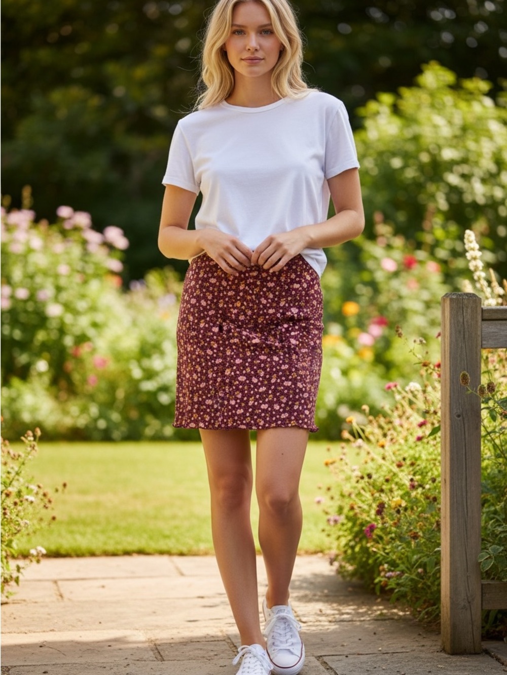 46 Free People Floral Pencil Skirt - Pink and Brown